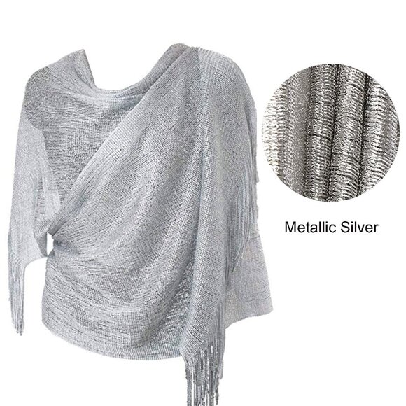 Shinny Metallic Silver Shawl Wrap for Evening Dresses, Sparkling Silver Scarf - Picture 4 of 4